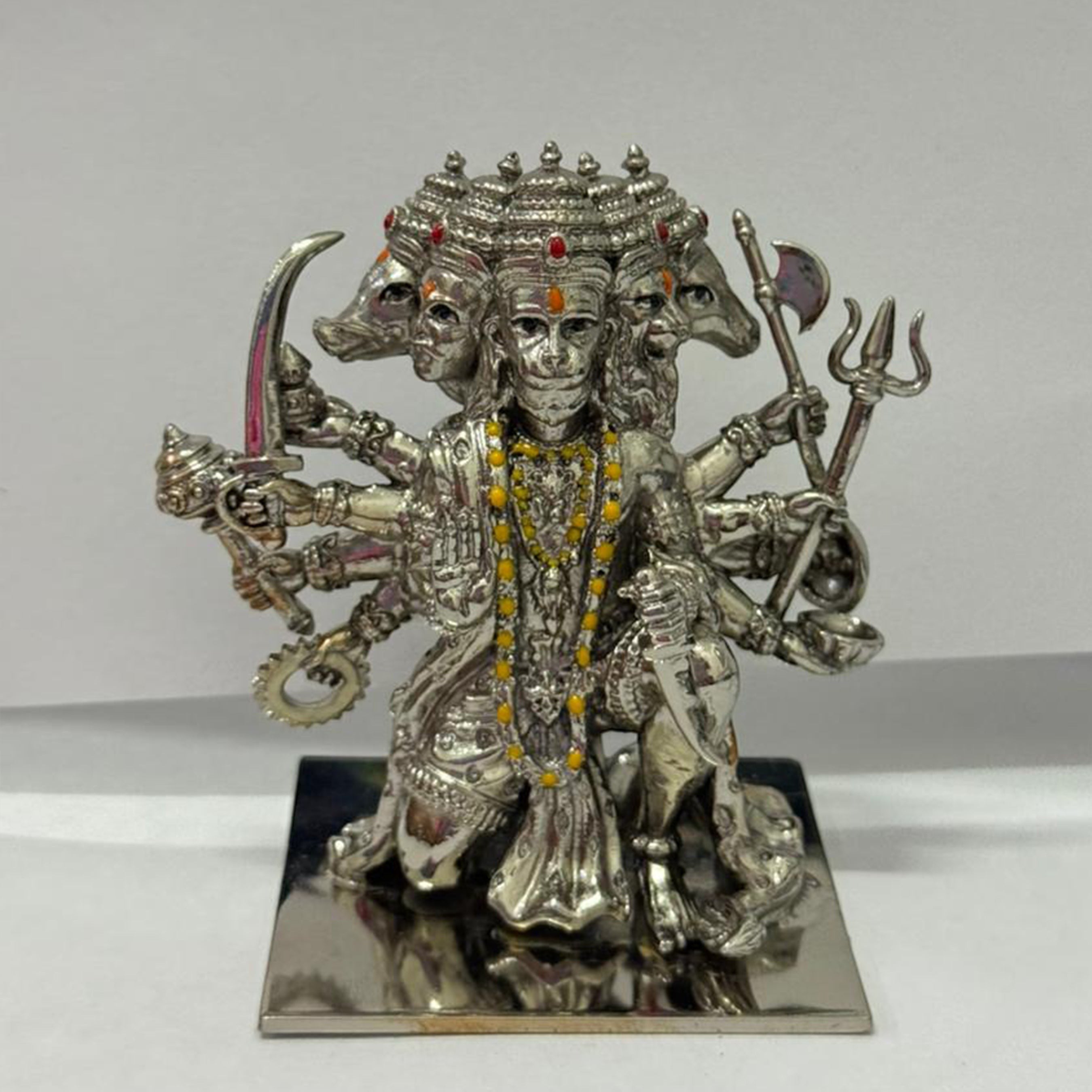 My Guru Ji Panchmukhi Hanuman idol in brass with a silver finish, featuring intricate five-faced detailing.