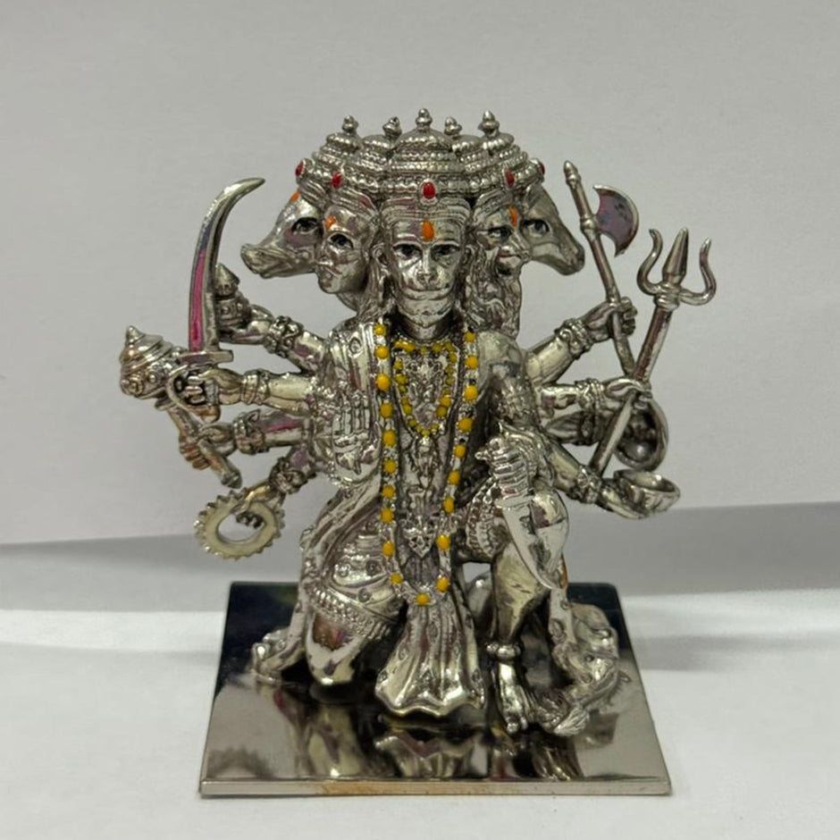 My Guru Ji Panchmukhi Hanuman idol in brass with a silver finish, featuring intricate five-faced detailing.