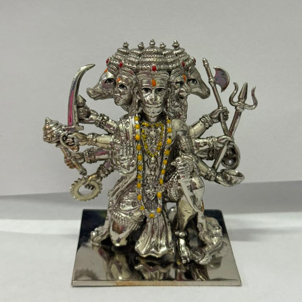 My Guru Ji Panchmukhi Hanuman idol in brass with a silver finish, featuring intricate five-faced detailing.