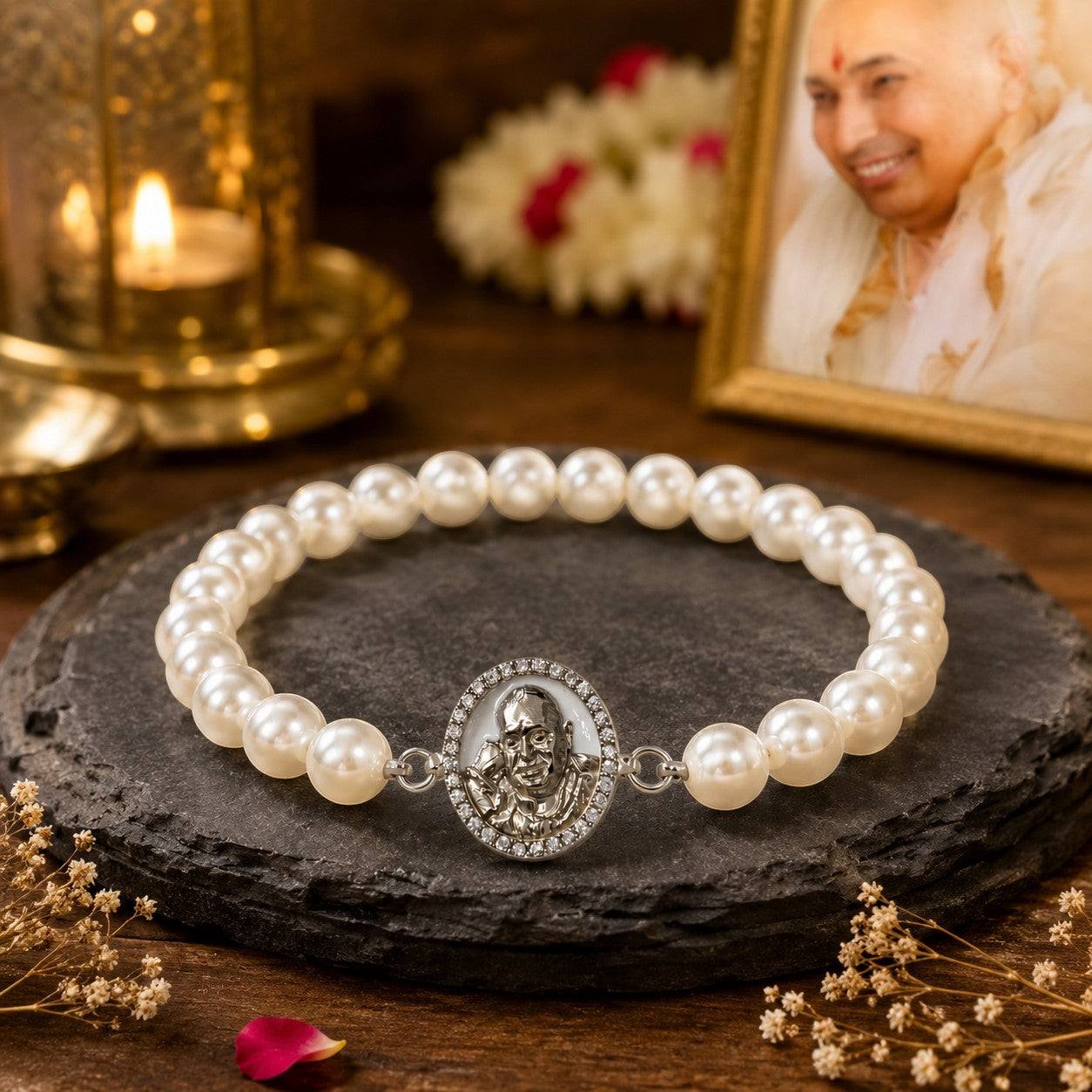 My Guru Ji pearl bracelet with a silver-finish brass charm featuring Guru Ji, set on a dark stone display.