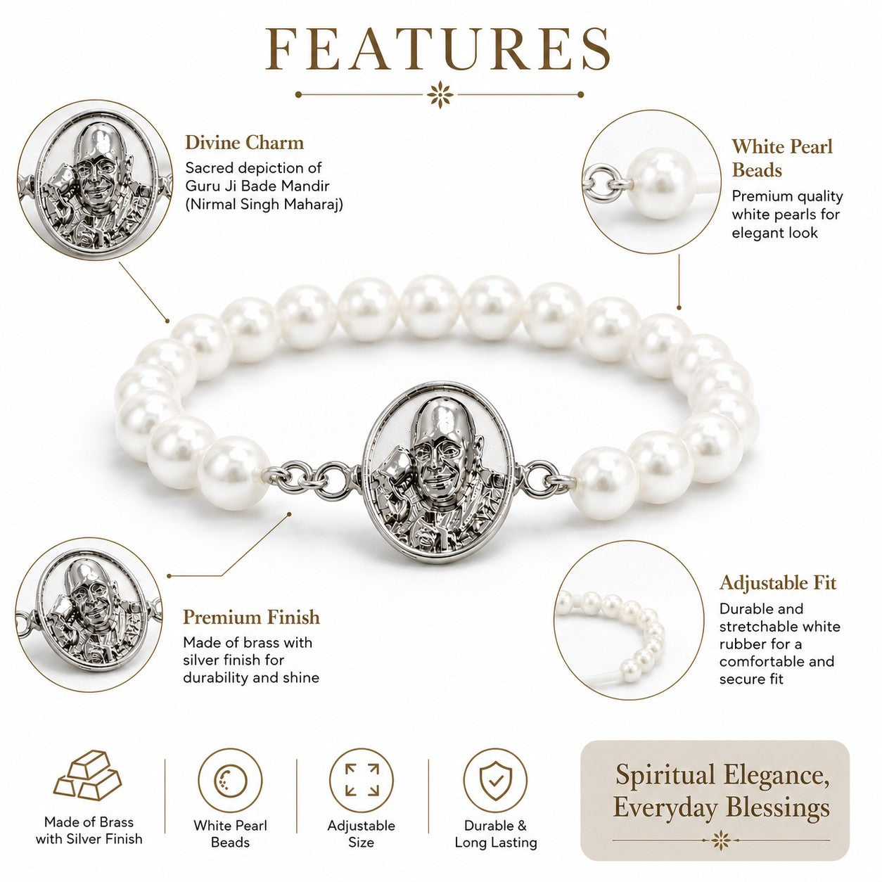 My Guru Ji pearl bracelet featuring a silver-finish brass charm of Guru Ji and lustrous white beads on a stretch band.