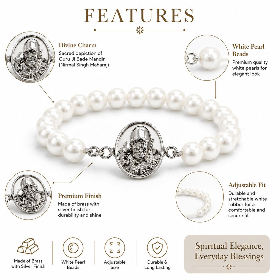 My Guru Ji pearl bracelet featuring a silver-finish brass charm of Guru Ji and lustrous white beads on a stretch band.