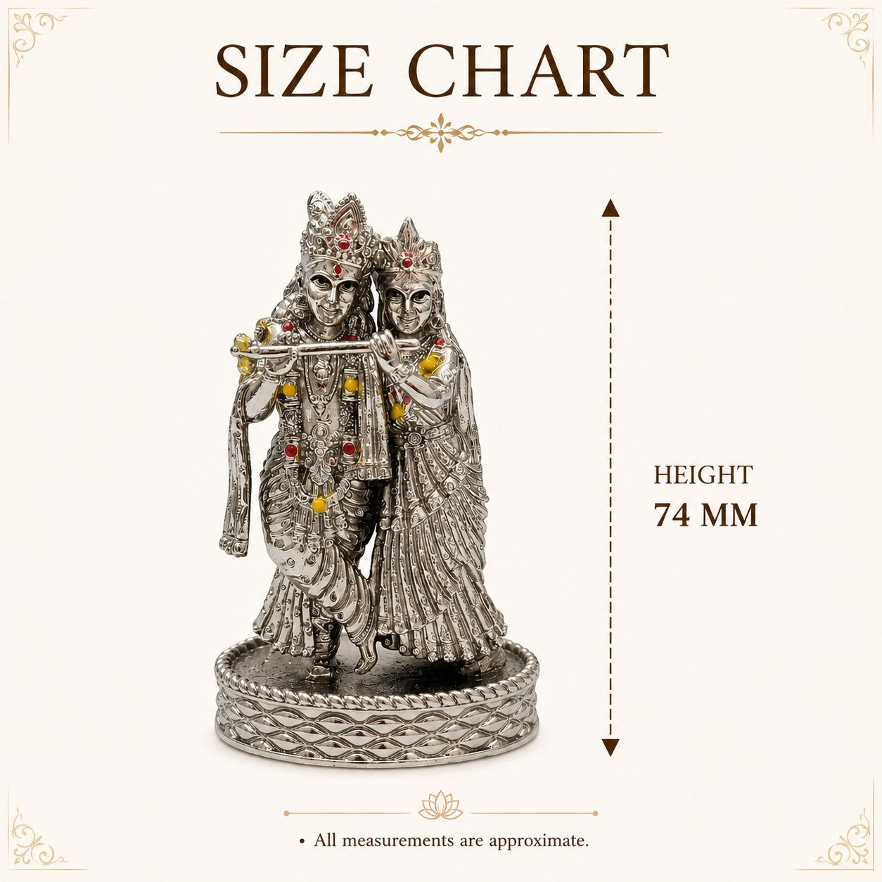 My Guru Ji Radha Krishna brass idol with silver finish, featuring intricate detailing and stone accents for home decor.