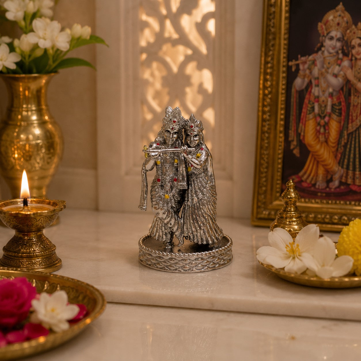 My Guru Ji Radha Krishna brass idol with silver finish, featuring intricate detailing and Lord Krishna playing flute.