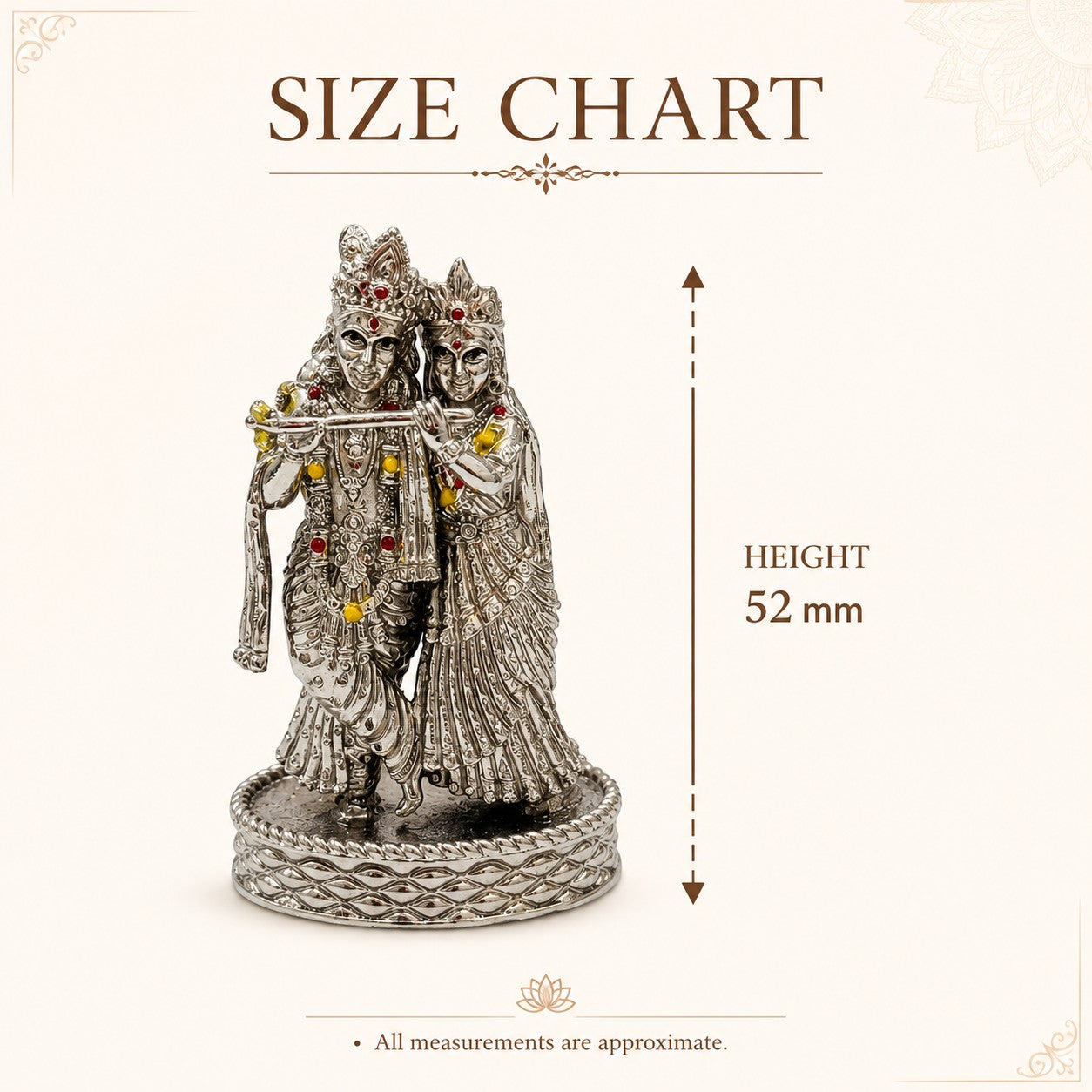 My Guru Ji Radha Krishna brass idol with silver finish, featuring intricate detailing and stone accents, 52mm height.