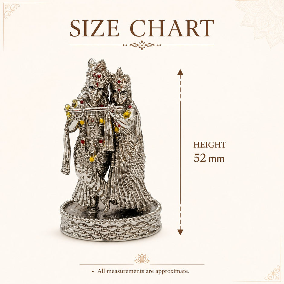 My Guru Ji Radha Krishna brass idol with silver finish, featuring intricate detailing and stone accents, 52mm height.