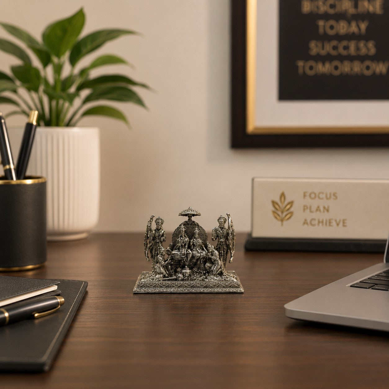 My Guru Ji silver-finished brass Ram Darbar idol on an office desk, featuring Lord Ram, Sita, Lakshman, and Hanuman.