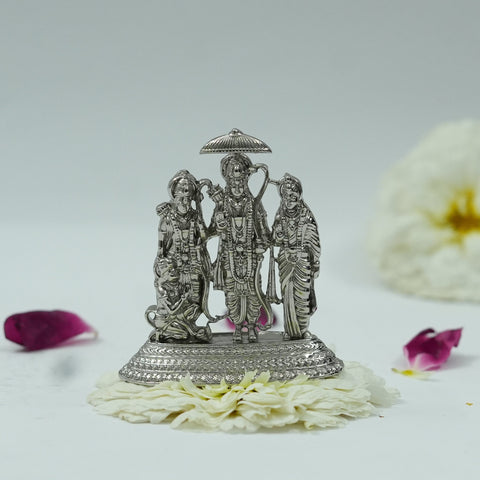 My Guru Ji Ram Darbar idol featuring Lord Ram, Sita, Lakshman, and Hanuman in a polished silver-tone brass finish.