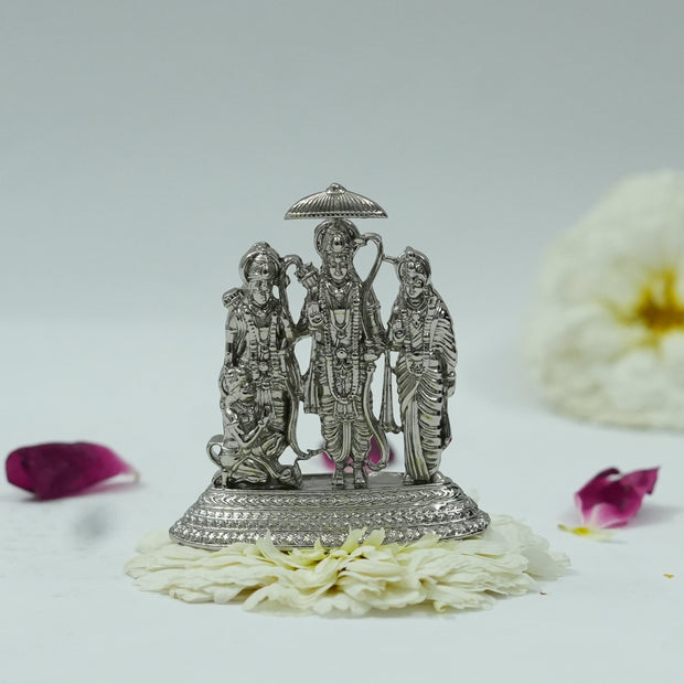My Guru Ji Ram Darbar idol featuring Lord Ram, Sita, Lakshman, and Hanuman in a polished silver-tone brass finish.