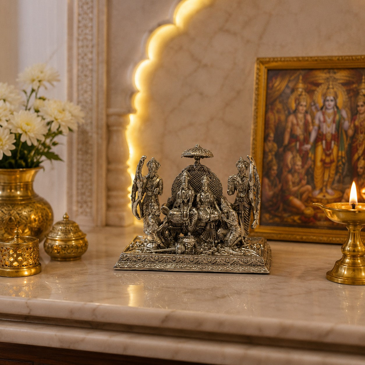 My Guru Ji silver-finished brass Ram Darbar idol featuring Lord Ram, Sita, Lakshman, and Hanuman on a home altar.