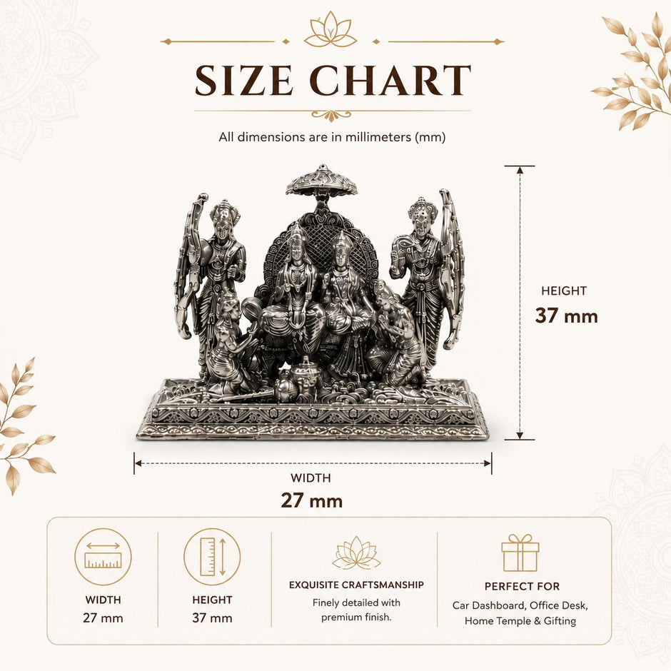 My Guru Ji silver finish brass Ram Darbar idol featuring Lord Ram, Sita, Lakshman, and Hanuman on a royal throne.