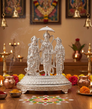 My Guru Ji silver-toned Ram Darbar idol featuring Lord Ram, Sita, Lakshman, and Hanuman on an ornate base for pooja.