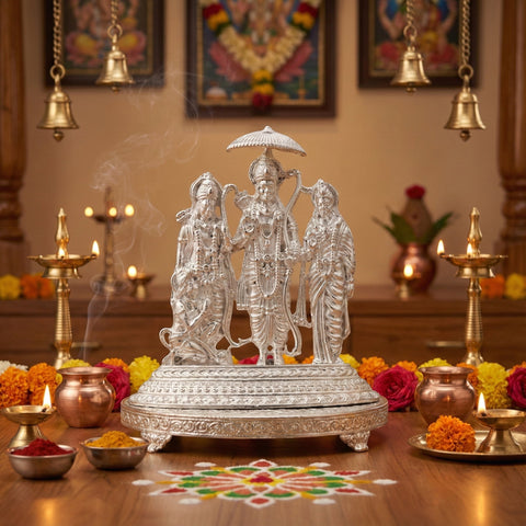 My Guru Ji silver-toned Ram Darbar idol featuring Lord Ram, Sita, Lakshman, and Hanuman on an ornate base for pooja.
