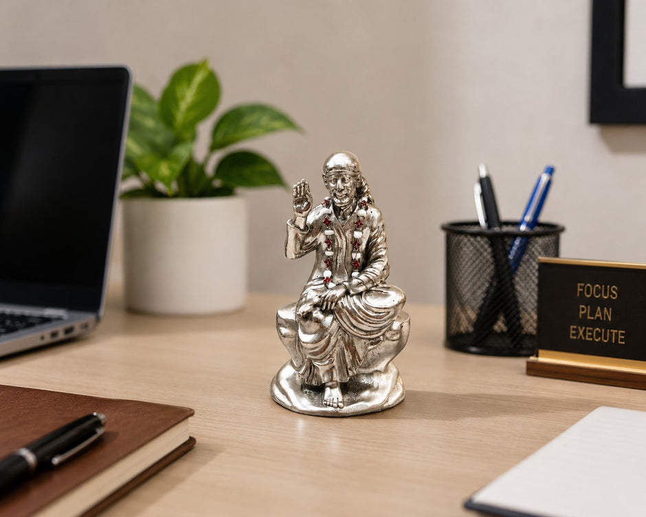 My Guru Ji silver finish brass Shirdi Sai Baba idol seated on an office desk with a laptop and stationery nearby.