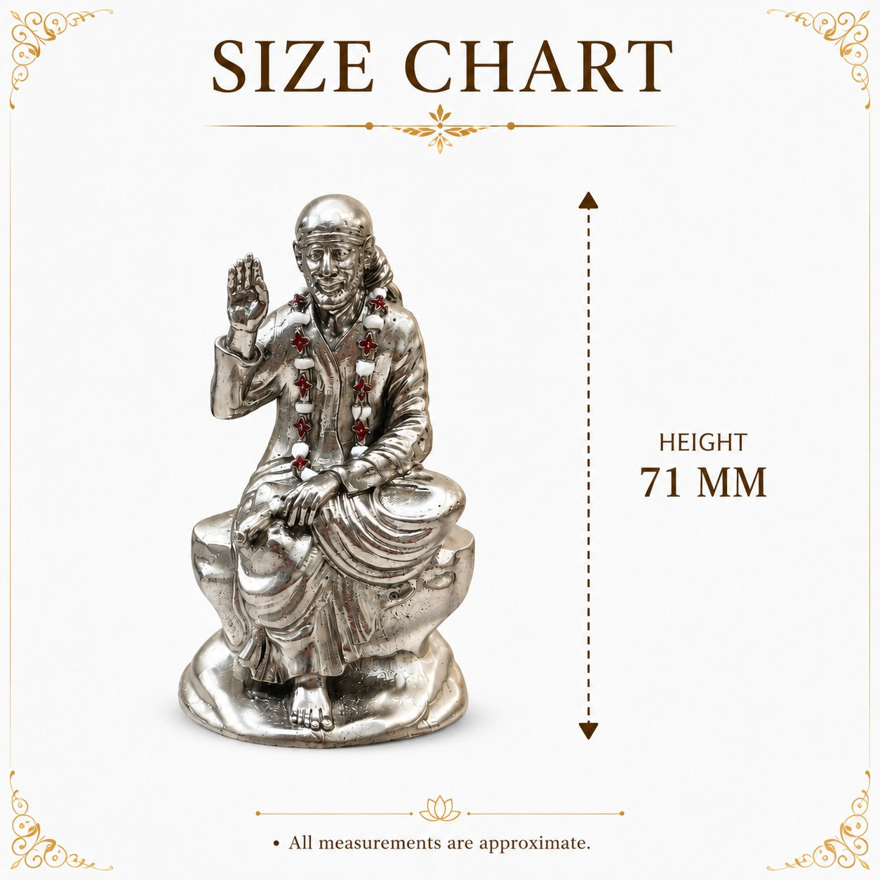 My Guru Ji 71mm Shirdi Sai Baba brass idol with a silver finish, featuring intricate details for home temple decor.