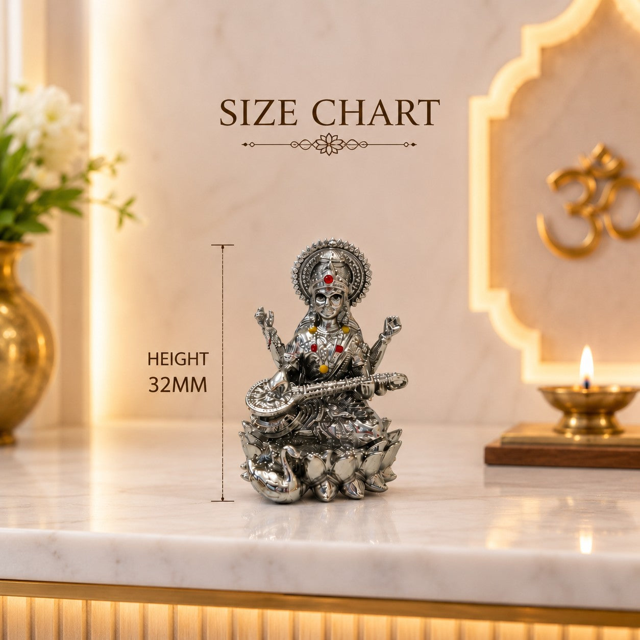 My Guru Ji silver finish brass Maa Saraswati idol seated on a lotus with a veena, featuring decorative stone accents.
