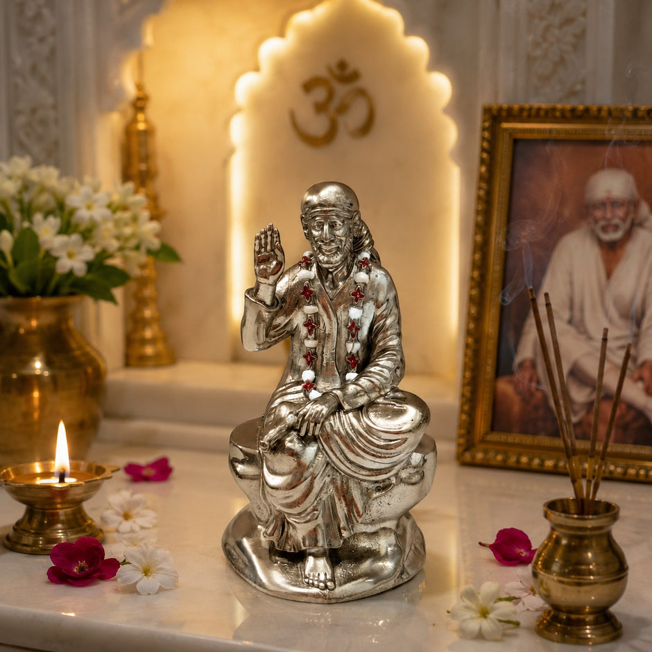My Guru Ji Shirdi Sai Baba idol in premium brass with a silver finish, seated in a serene pose for home temple decor.