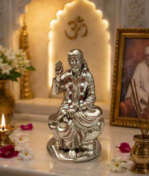 My Guru Ji Shirdi Sai Baba idol in premium brass with a silver finish, seated in a serene pose for home temple decor.