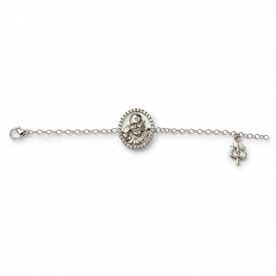 My Guru Ji silver-plated brass bracelet featuring a central Guru Ji portrait charm and a small trident symbol