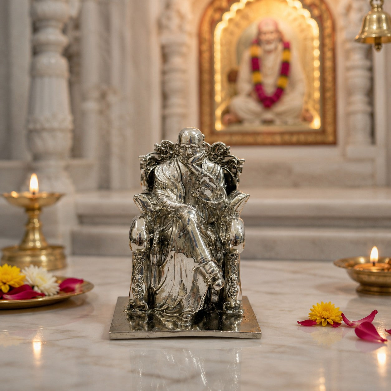 My Guru Ji silver finish brass idol of Guru Ji Bade Mandir Wale, displayed on a marble surface with diya lamps.