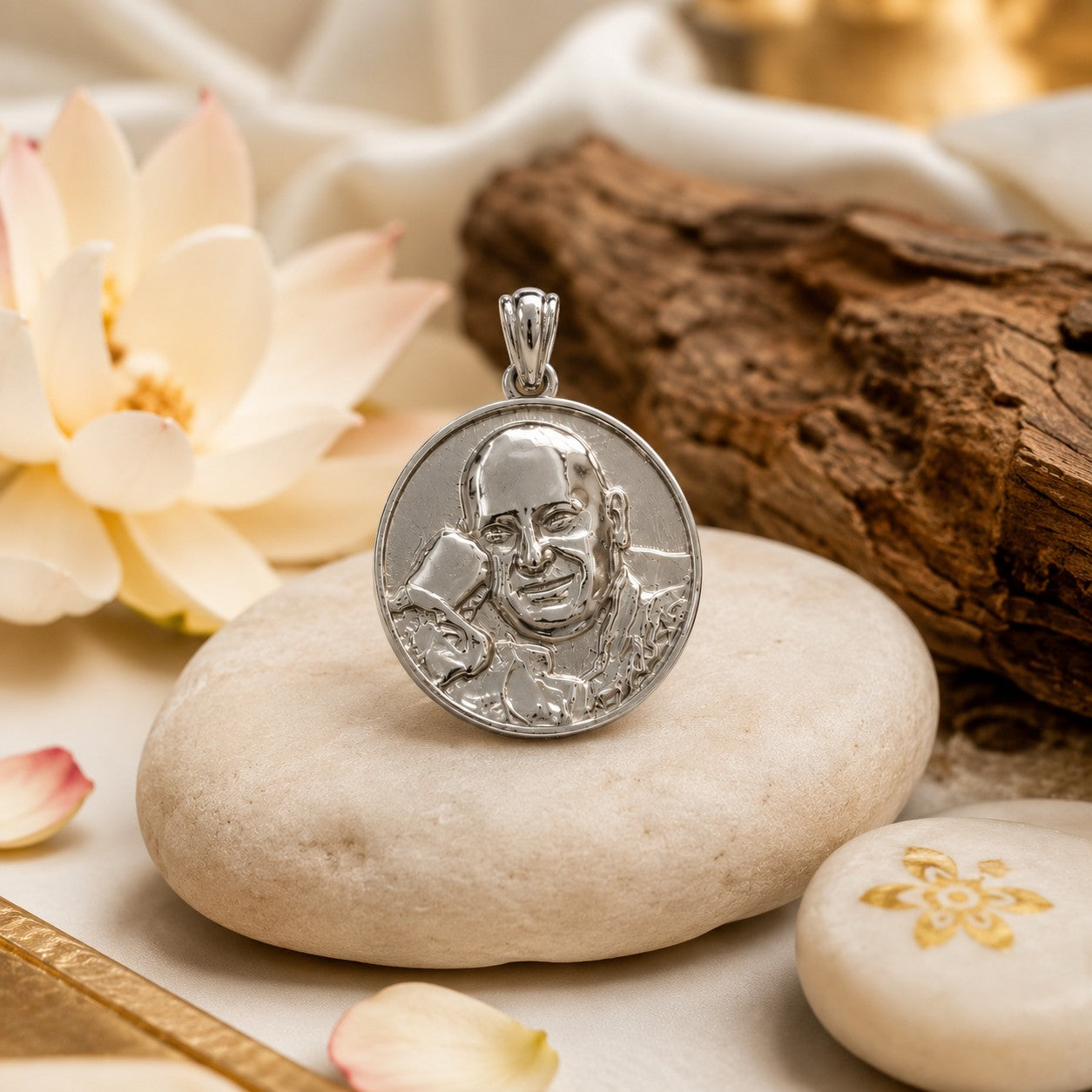My Guru Ji round brass pendant with a silver finish, featuring an embossed portrait of Guru Ji on a stone surface.