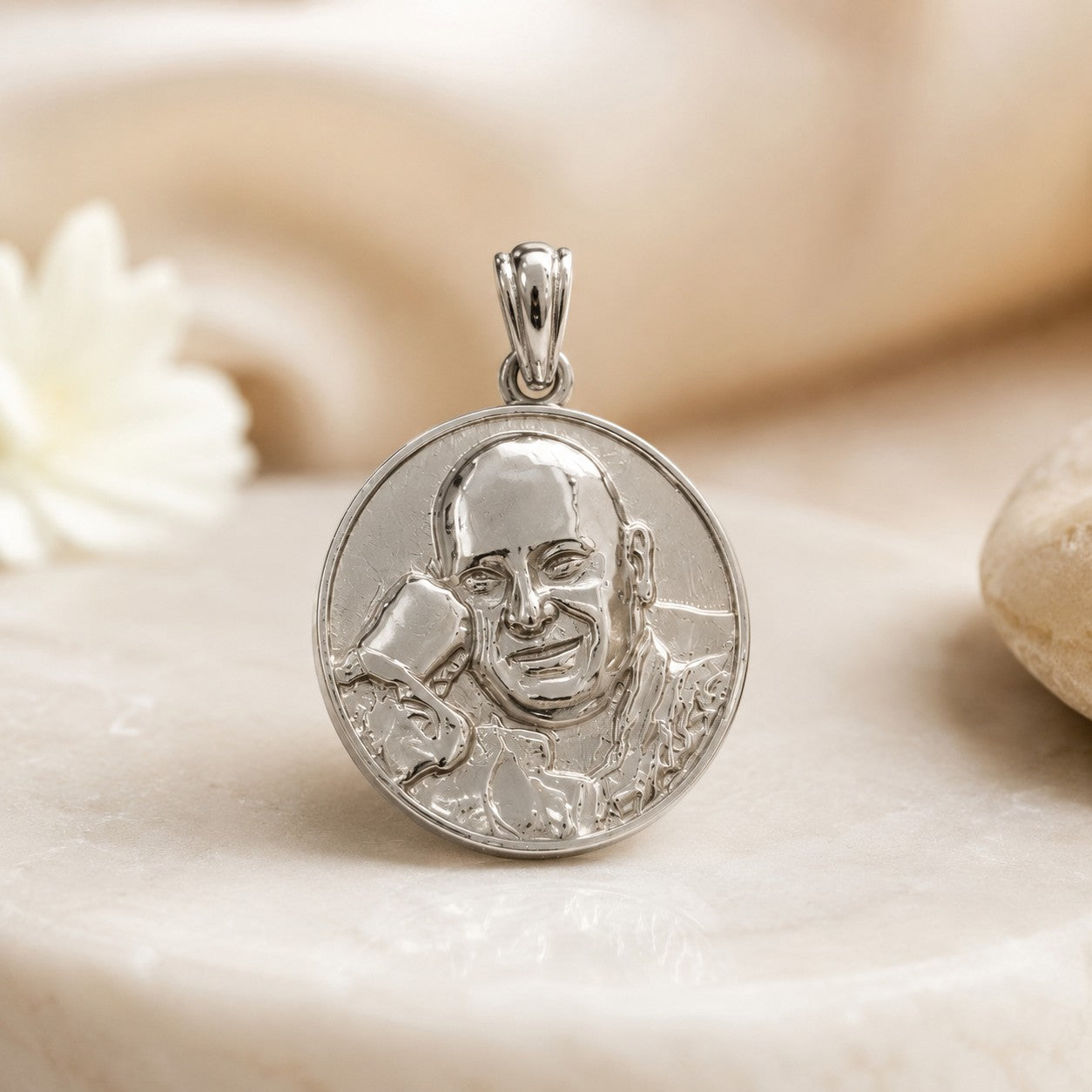 My Guru Ji round brass pendant with a polished silver finish featuring an embossed portrait of Guru Ji