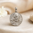 My Guru Ji round brass pendant with a polished silver finish featuring an embossed portrait of Guru Ji