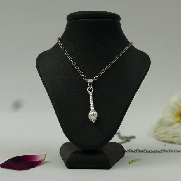 My Guru Ji silver plated brass Gada pendant featuring a detailed mace design on a black display stand
