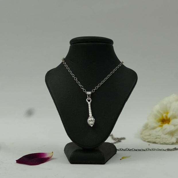 My Guru Ji silver plated brass Gada mace pendant on a black display stand with fine detailing and a spiritual design.