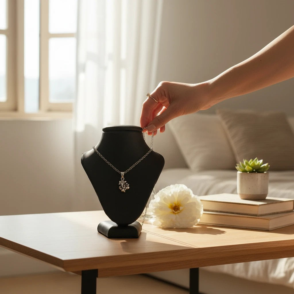 My Guru Ji silver plated brass Lord Ganesha pendant displayed on a black mannequin bust in a bright, serene room.