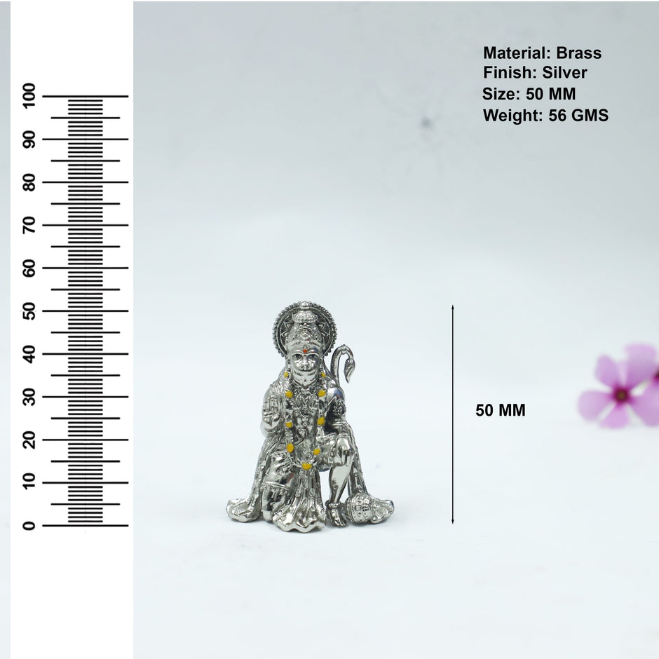 My Guru Ji silver finish brass Hanuman Ji idol in a sitting blessing posture for home temple or office desk decor.