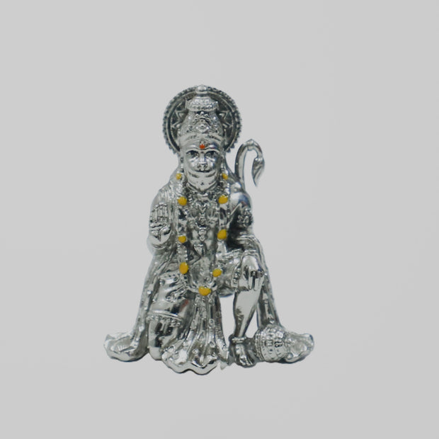 My Guru Ji silver finish brass Hanuman Ji idol in a sitting blessing posture for home temple or office desk decor.
