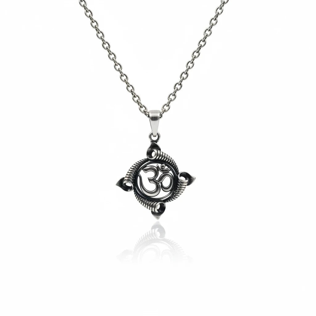 My Guru Ji silver plated brass Om pendant featuring a traditional circular spiritual motif on a metal chain