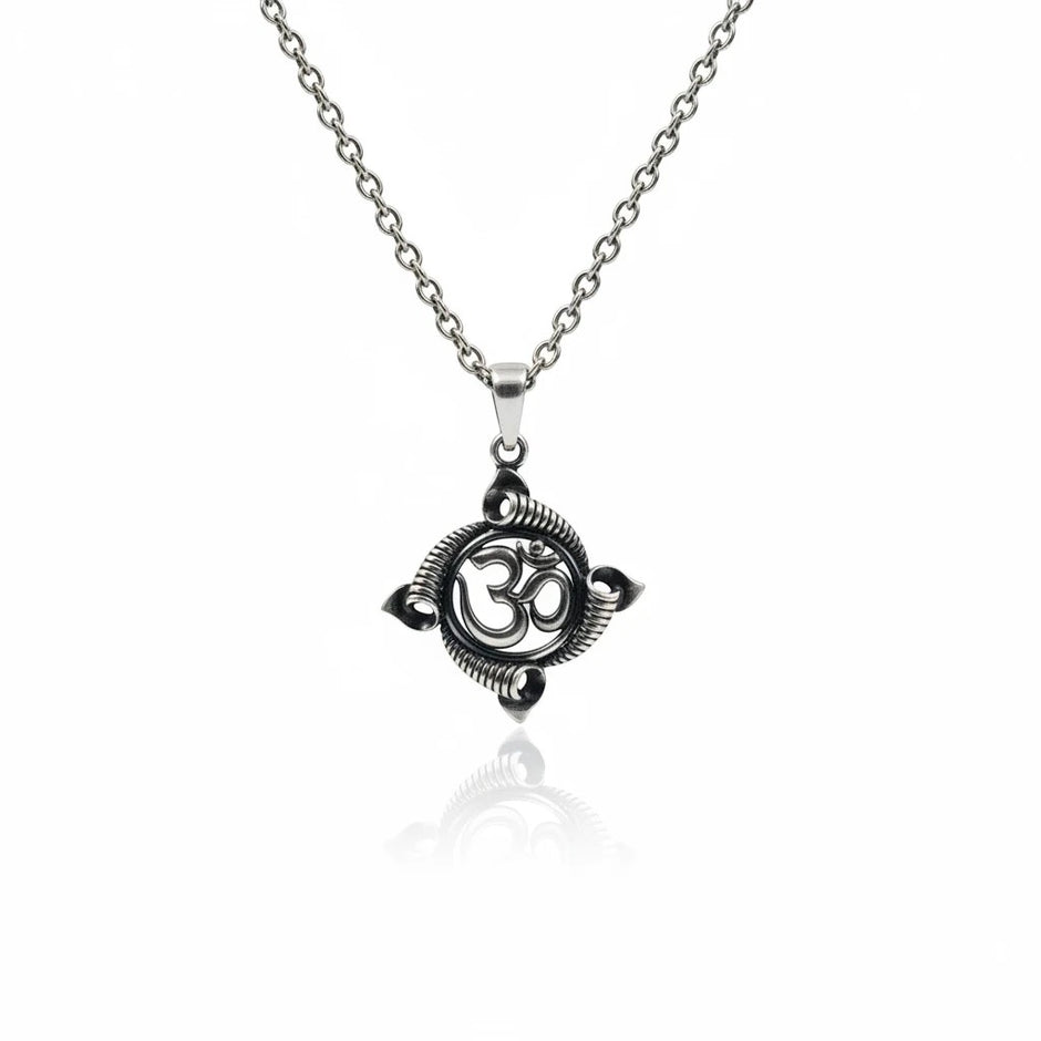 My Guru Ji silver plated brass Om pendant featuring a traditional circular spiritual motif on a metal chain