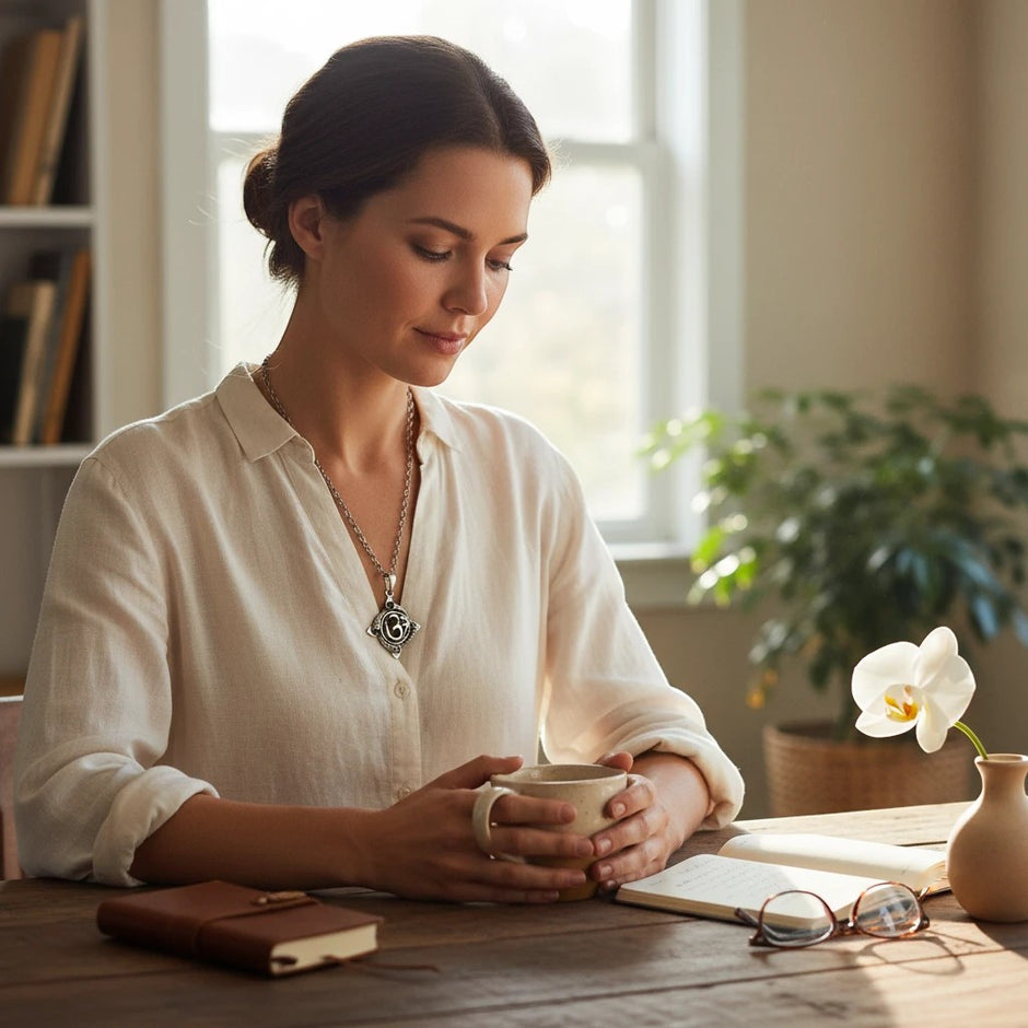 My Guru Ji silver plated brass Om pendant worn by a woman sitting at a wooden table with a book and coffee mug.