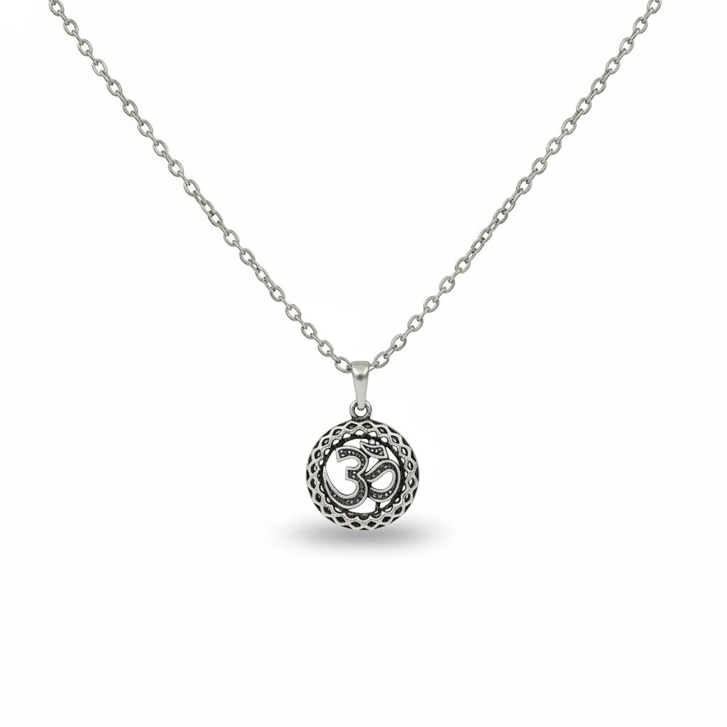 My Guru Ji silver plated brass round Om pendant featuring intricate sacred Aum symbol detailing on a delicate chain.