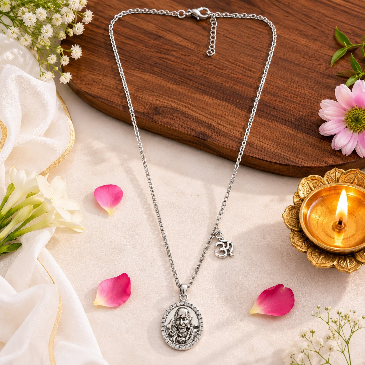 My Guru Ji silver-finish brass pendant necklace featuring an OM charm, displayed with flowers and a lit diya lamp.