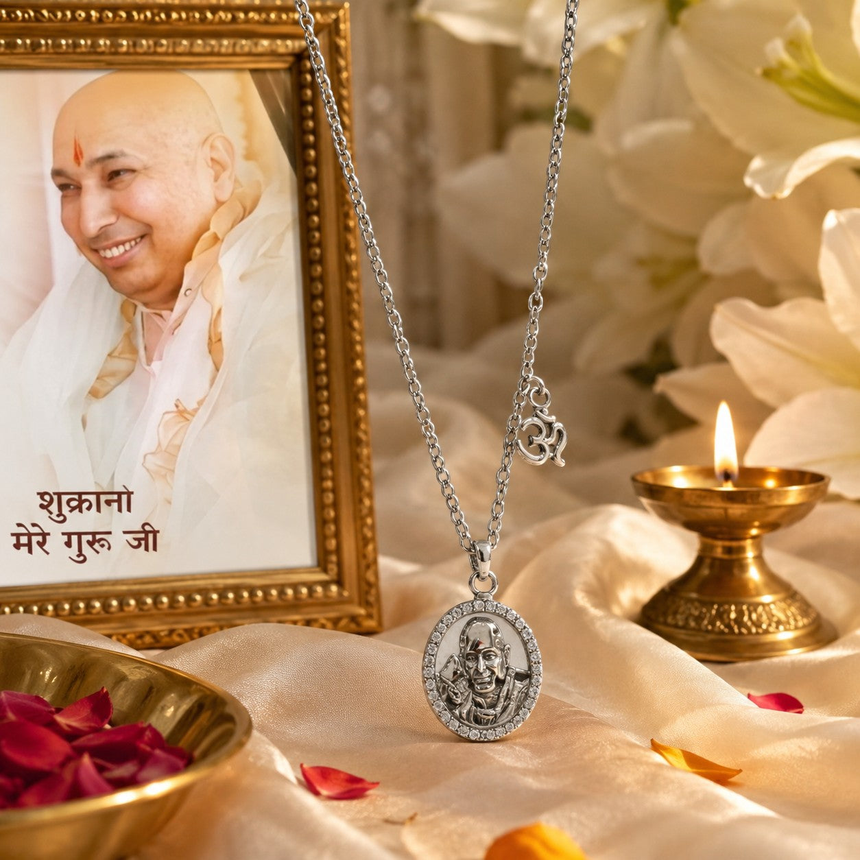 My Guru Ji silver-finish brass pendant featuring Guru Ji Bade Mandir and an OM charm on an 18-inch chain.