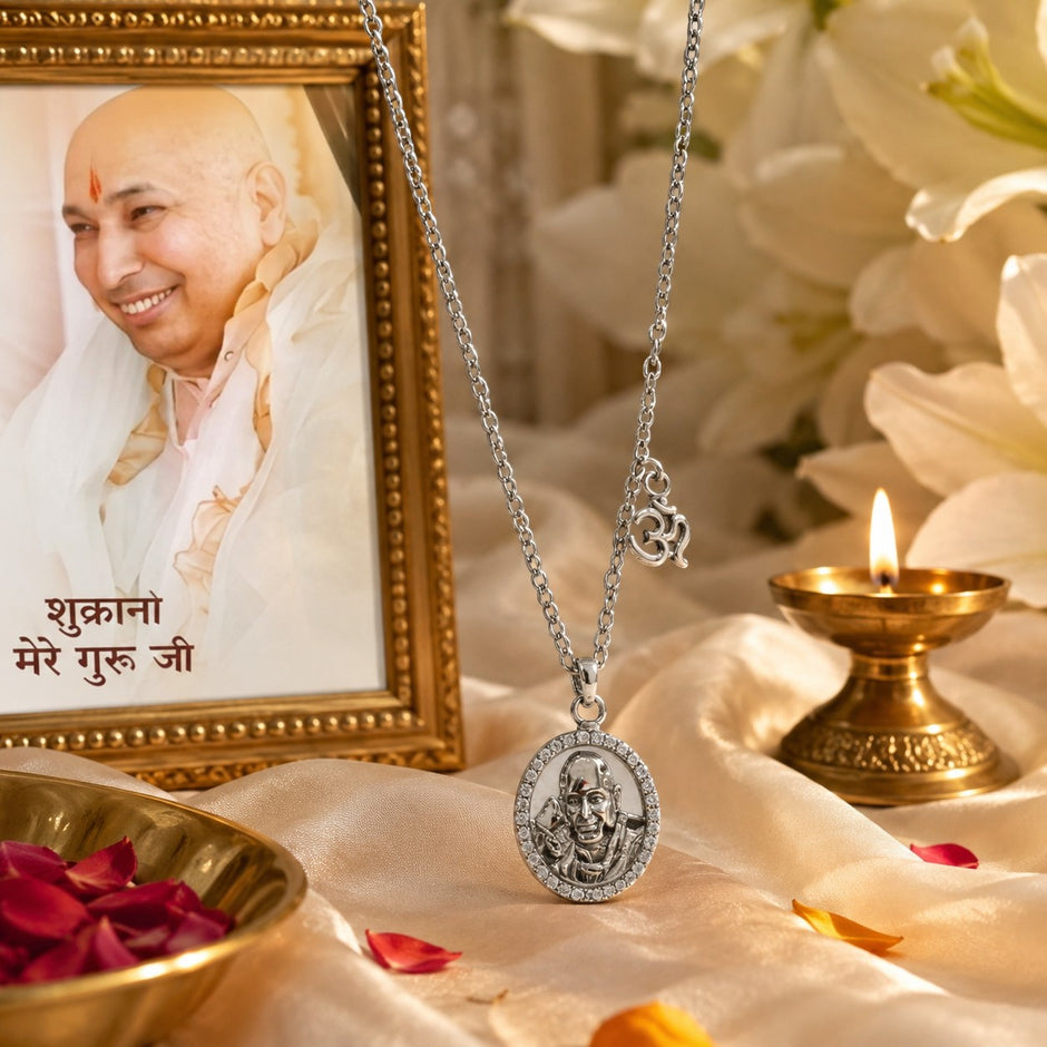 My Guru Ji silver-finish brass pendant featuring Guru Ji Bade Mandir and an OM charm on an 18-inch chain.