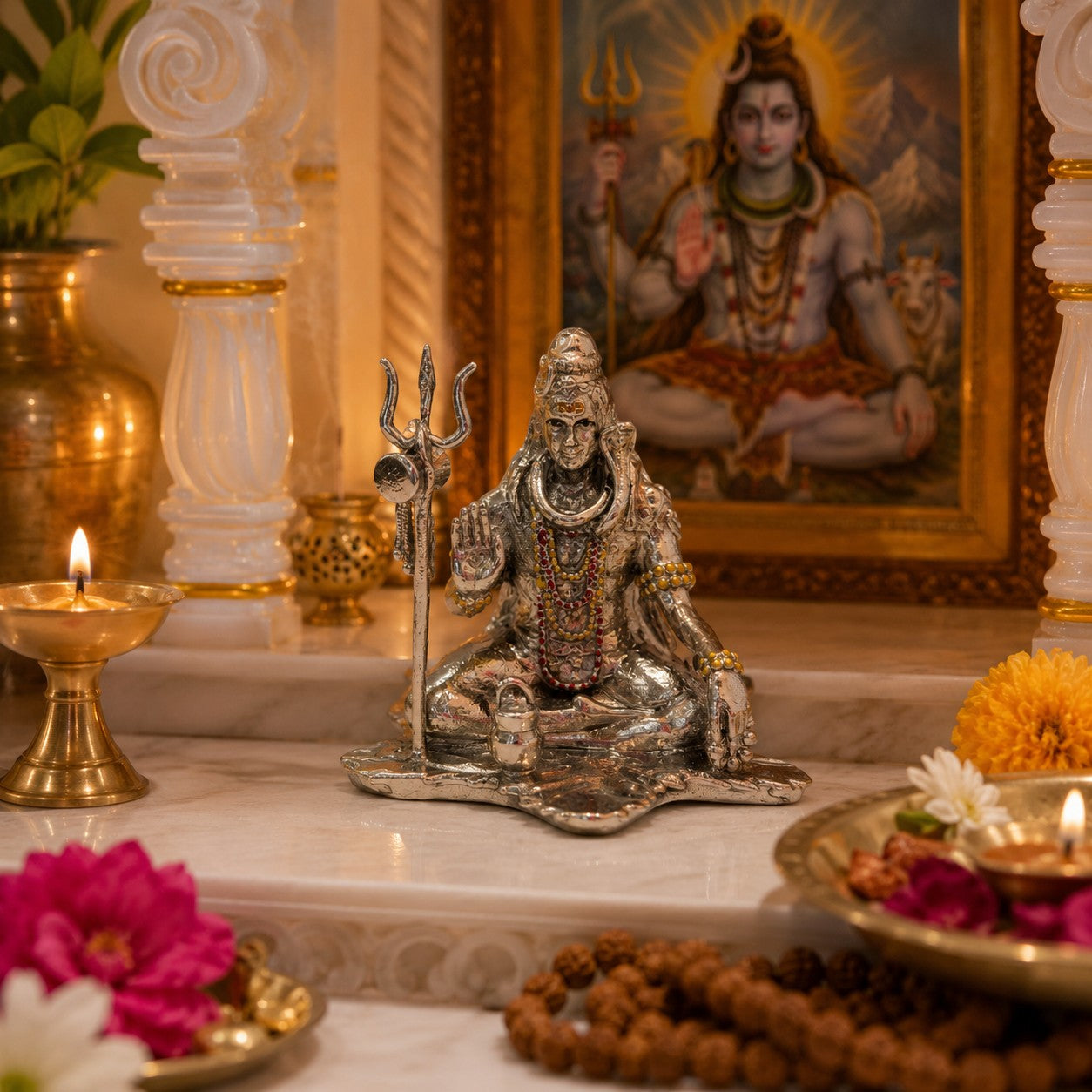 My Guru Ji silver finish brass Lord Shiva idol in a meditative pose with a trishul, displayed on a home temple altar.