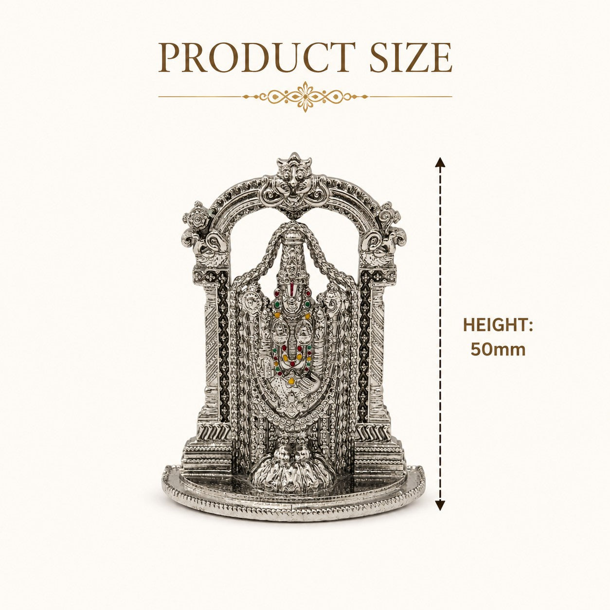 My Guru Ji silver finish brass Tirupati Balaji idol with intricate temple arch and colourful accents, 50mm height.
