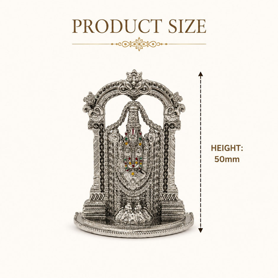 My Guru Ji silver finish brass Tirupati Balaji idol with intricate temple arch and colourful accents, 50mm height.