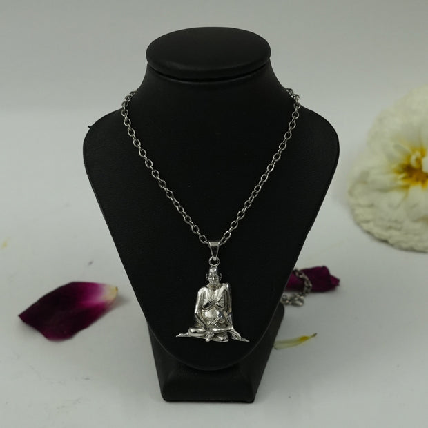 My Guru Ji silver plated brass pendant featuring the seated Shree Swami Samarth Ji on a black display stand.