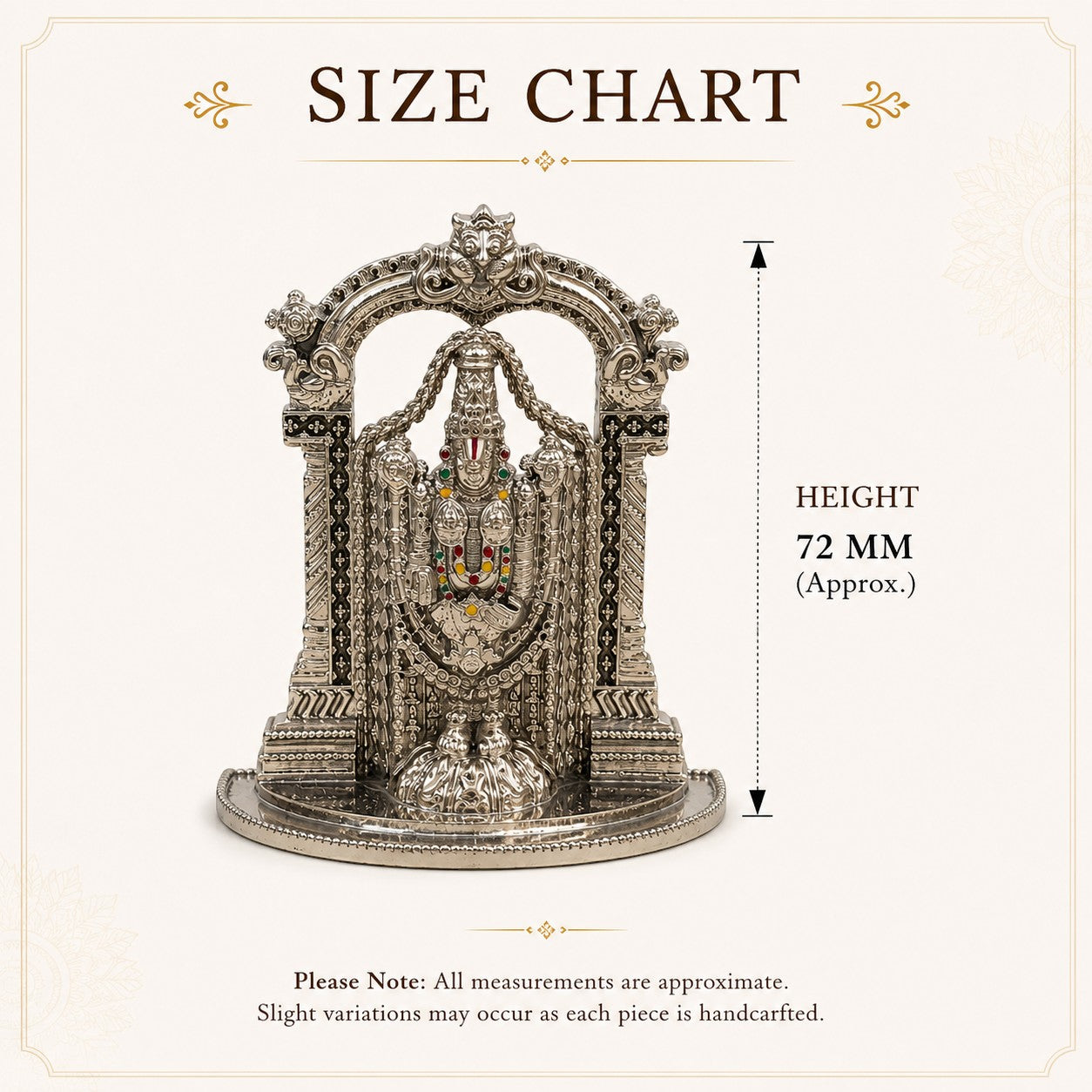 My Guru Ji silver finish brass Tirupati Balaji idol with intricate temple arch and height measurement chart