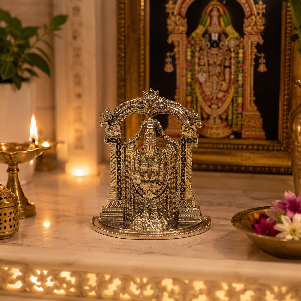 My Guru Ji silver finish brass Tirupati Balaji idol featuring an intricate temple arch on a marble pooja altar
