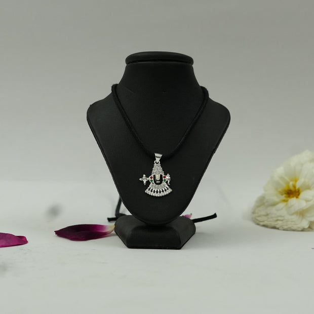 My Guru Ji silver finish brass pendant featuring an intricate Tirupati Balaji motif with colorful stone accents.