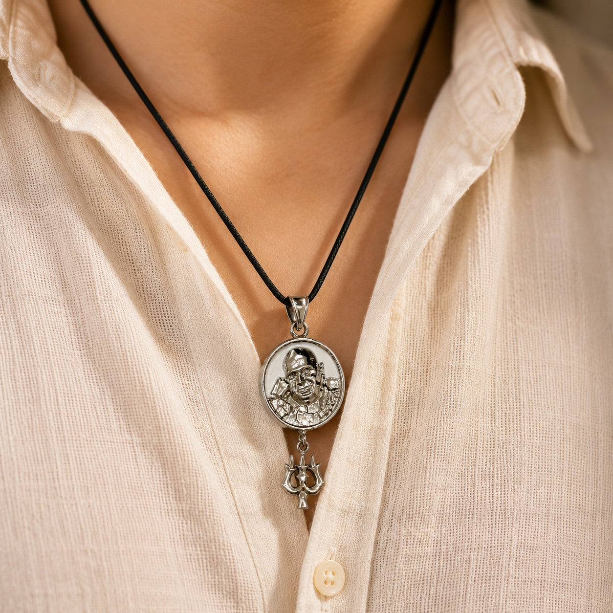 My Guru Ji Shukrana Trishul pendant in silver-finished brass worn on a black cord against a beige linen shirt.
