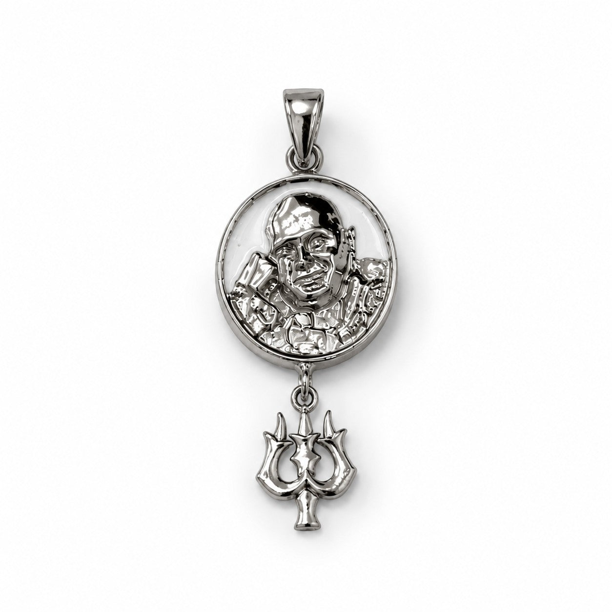 My Guru Ji silver finish brass pendant featuring a sacred Guru Ji portrait and a Trishul charm for spiritual protection