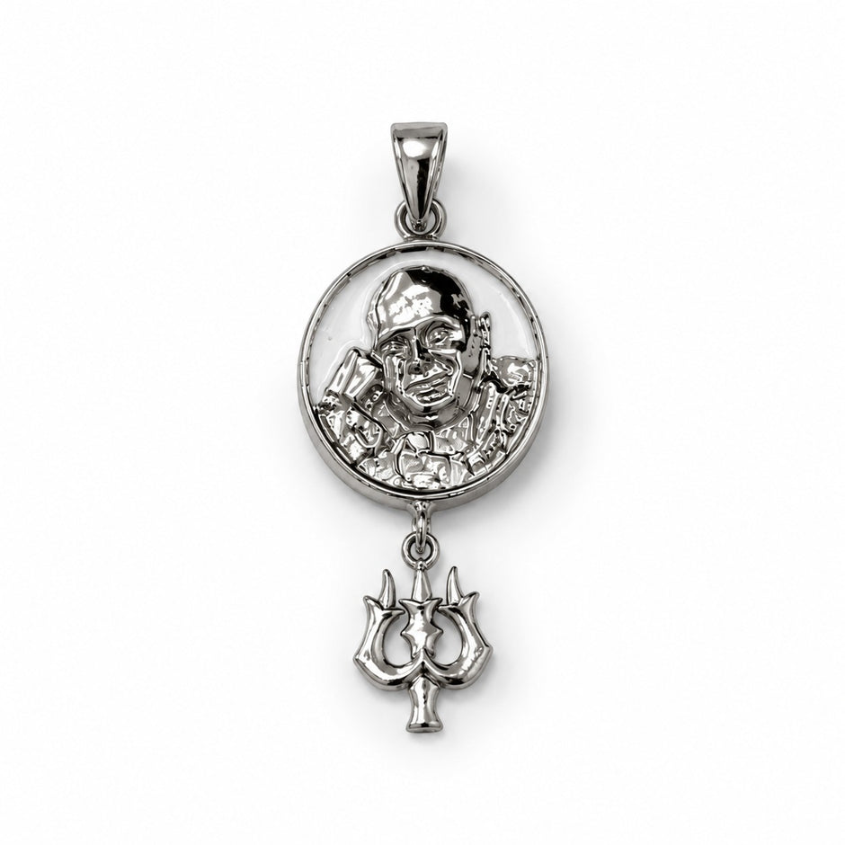 My Guru Ji silver finish brass pendant featuring a sacred Guru Ji portrait and a Trishul charm for spiritual protection