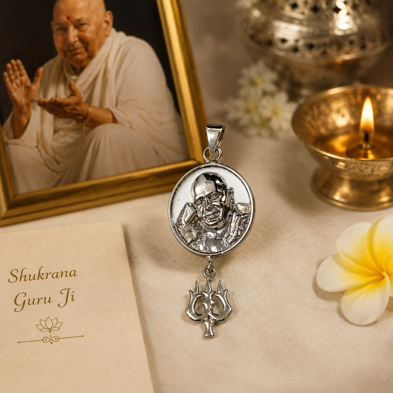 Shukrana Guru Ji Trishul Pendant | Bade Mandir Guru Ji Brass Pendant with Silver Finish